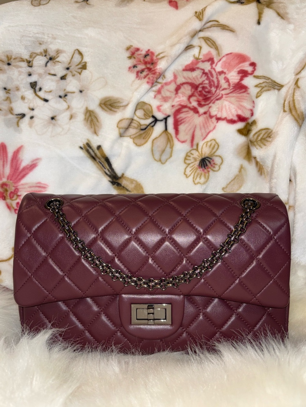 Burgundy Quilted Lambskin Shoulder Bag with Black Gunmetal Hardware